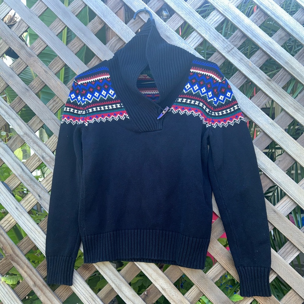 LAUREN RALPH LAUREN Fair Isle Nordic Black Multicolor Shawl Collar Sweater Sz M - Picture 2 of 11